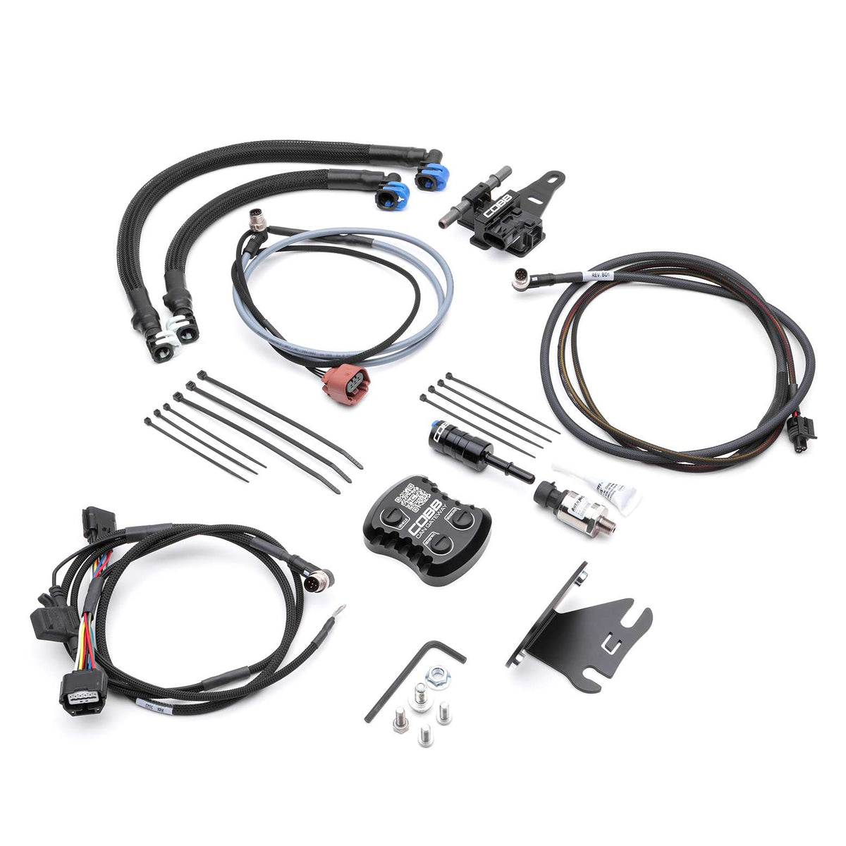 COBB CAN Flex Fuel and Fuel Pressure Kit – Subaru WRX VA – sensors, harnesses, gateway and bracket laid out