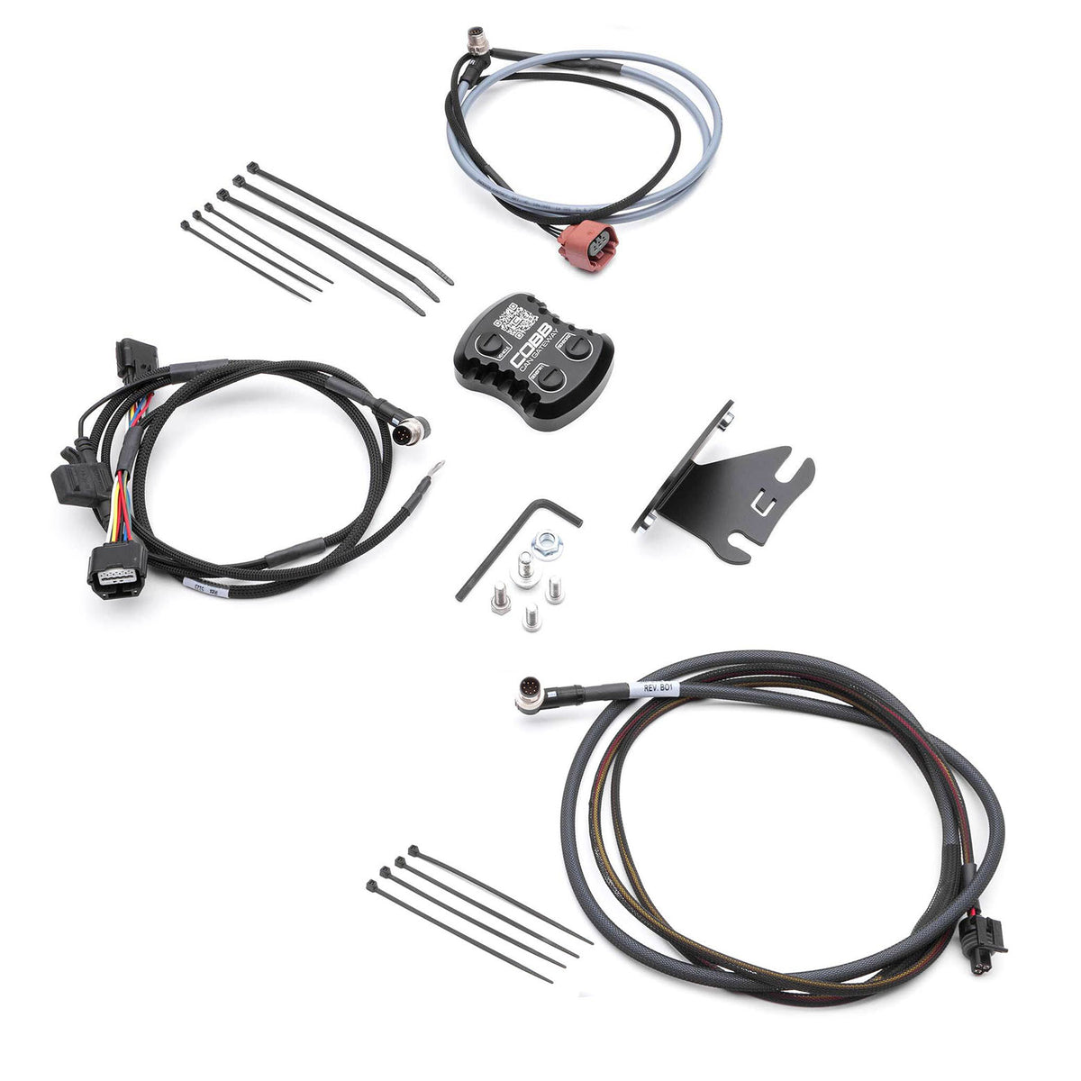COBB CAN Flex Fuel and Fuel Pressure upgrade kit – Subaru WRX VA – gateway, bracket and three harnesses laid out