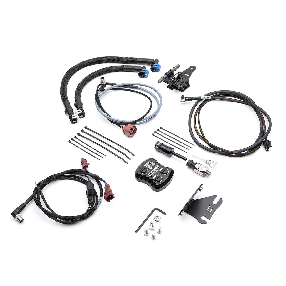 COBB CAN Flex Fuel and Fuel Pressure Kit – Subaru WRX VA – sensors, harnesses, gateway and bracket laid out