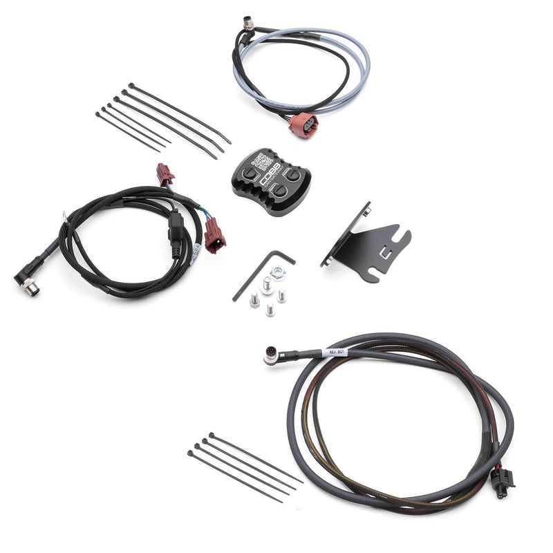 COBB CAN Flex Fuel and Fuel Pressure upgrade kit – Subaru WRX VA – gateway, bracket and three harnesses laid out - Cobb Tuning