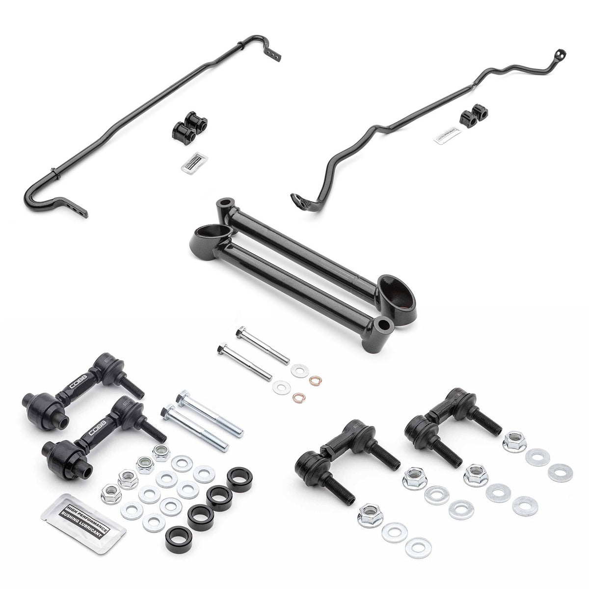 COBB sway bar package – Subaru WRX VA – front and rear bars, end links, reinforcement brace and hardware laid out