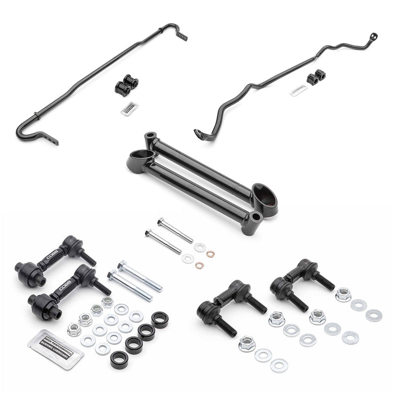 COBB sway bar package – Subaru WRX VA – front and rear bars, end links, reinforcement brace and hardware laid out - Cobb Tuning
