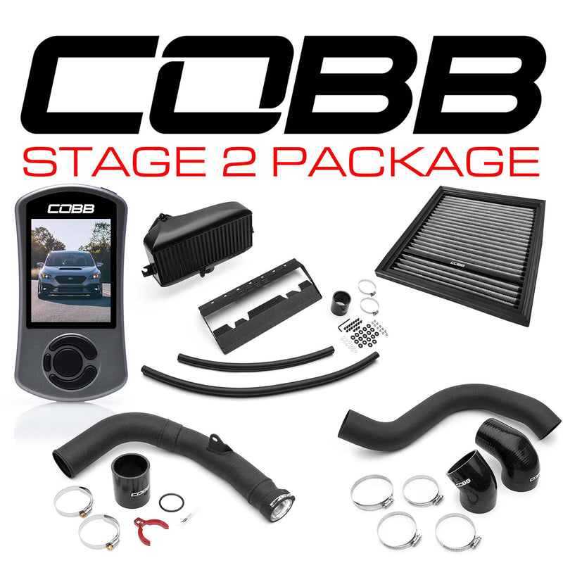 COBB Stage 2 Power Package – Subaru WRX VB – Accessport, black intercooler, pipes and filter laid out - Cobb Tuning