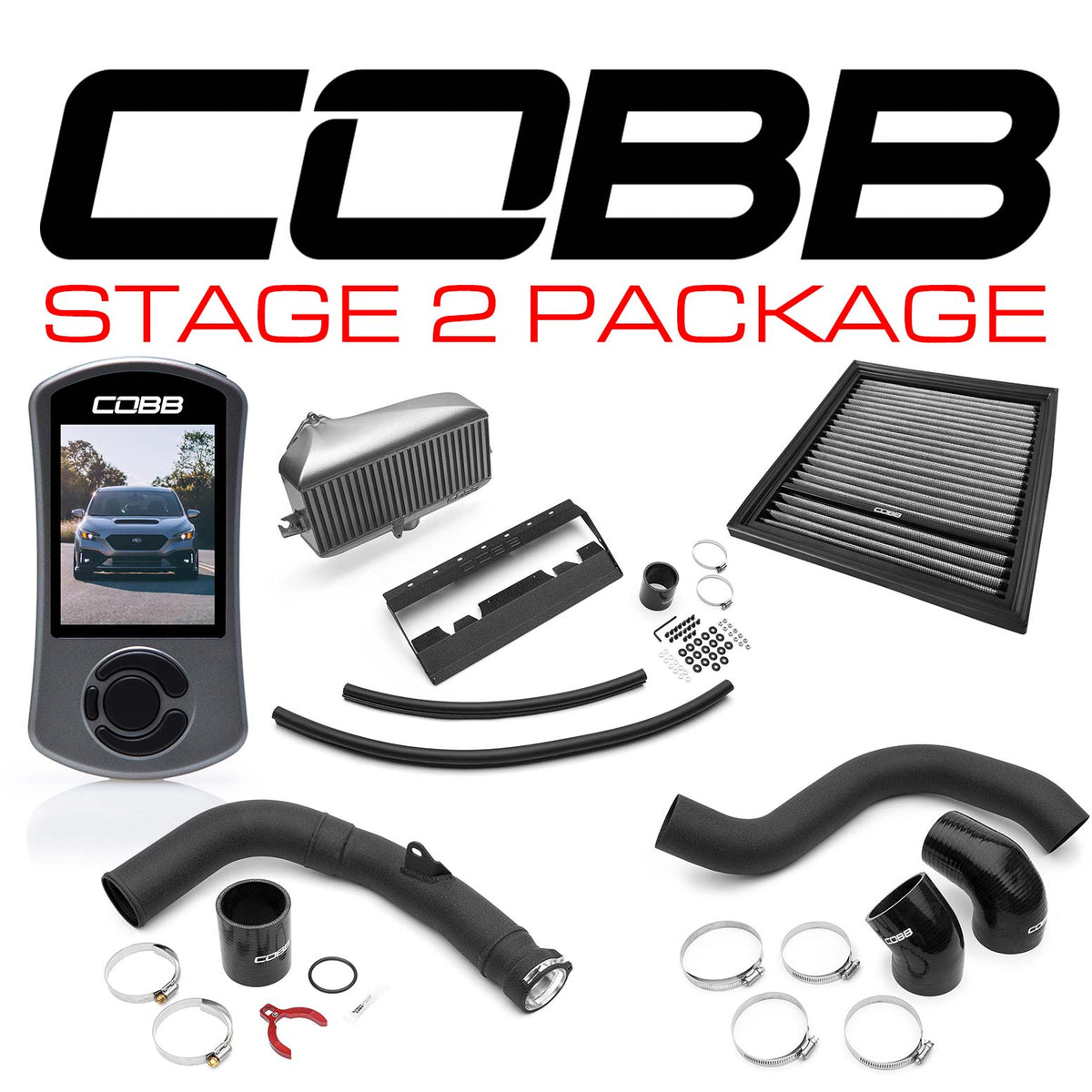 COBB Stage 2 Power Package – Subaru WRX VB – Accessport, silver intercooler, pipes and filter laid out