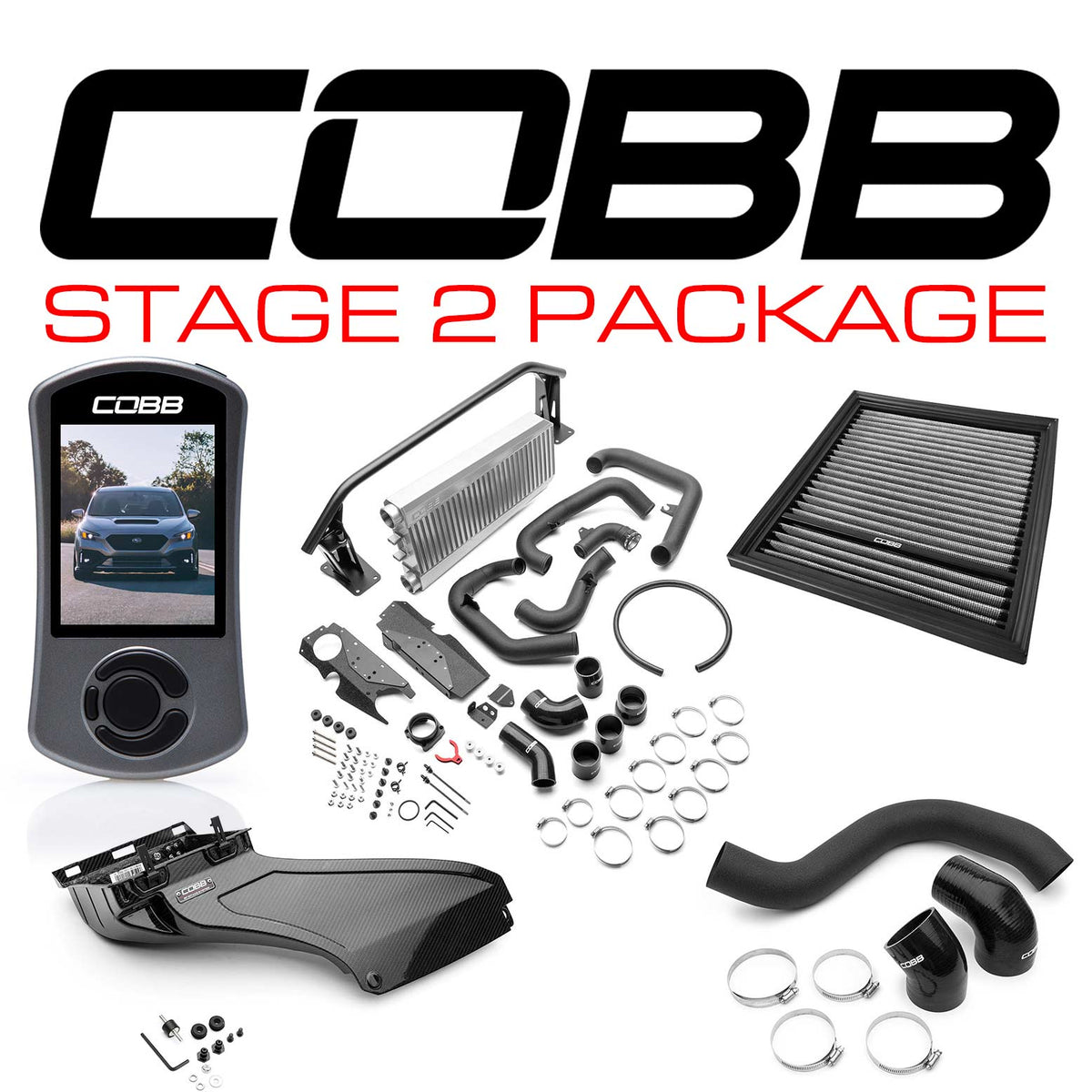 COBB Stage 2 FMIC Power Package – Subaru WRX VB – Accessport, silver core, gloss scoop and kit laid out