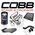 COBB Stage 2 FMIC Power Package – Subaru WRX VB – Accessport, silver core, matte scoop and kit laid out - Cobb Tuning Thumbnail