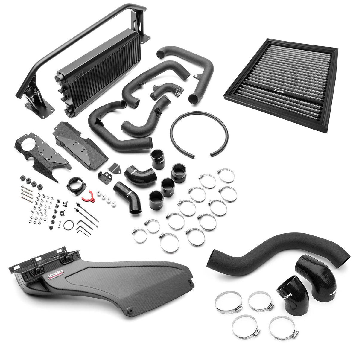 COBB FMIC and Redline intake package – Subaru WRX VB – black core, matte carbon scoop and full kit laid out