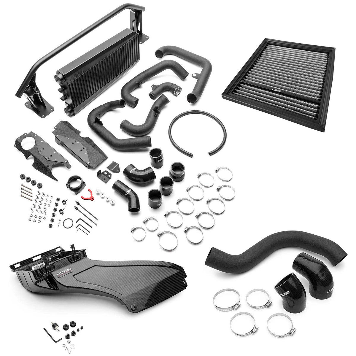 COBB FMIC and Redline intake package – Subaru WRX VB – black core, gloss carbon scoop and full kit laid out