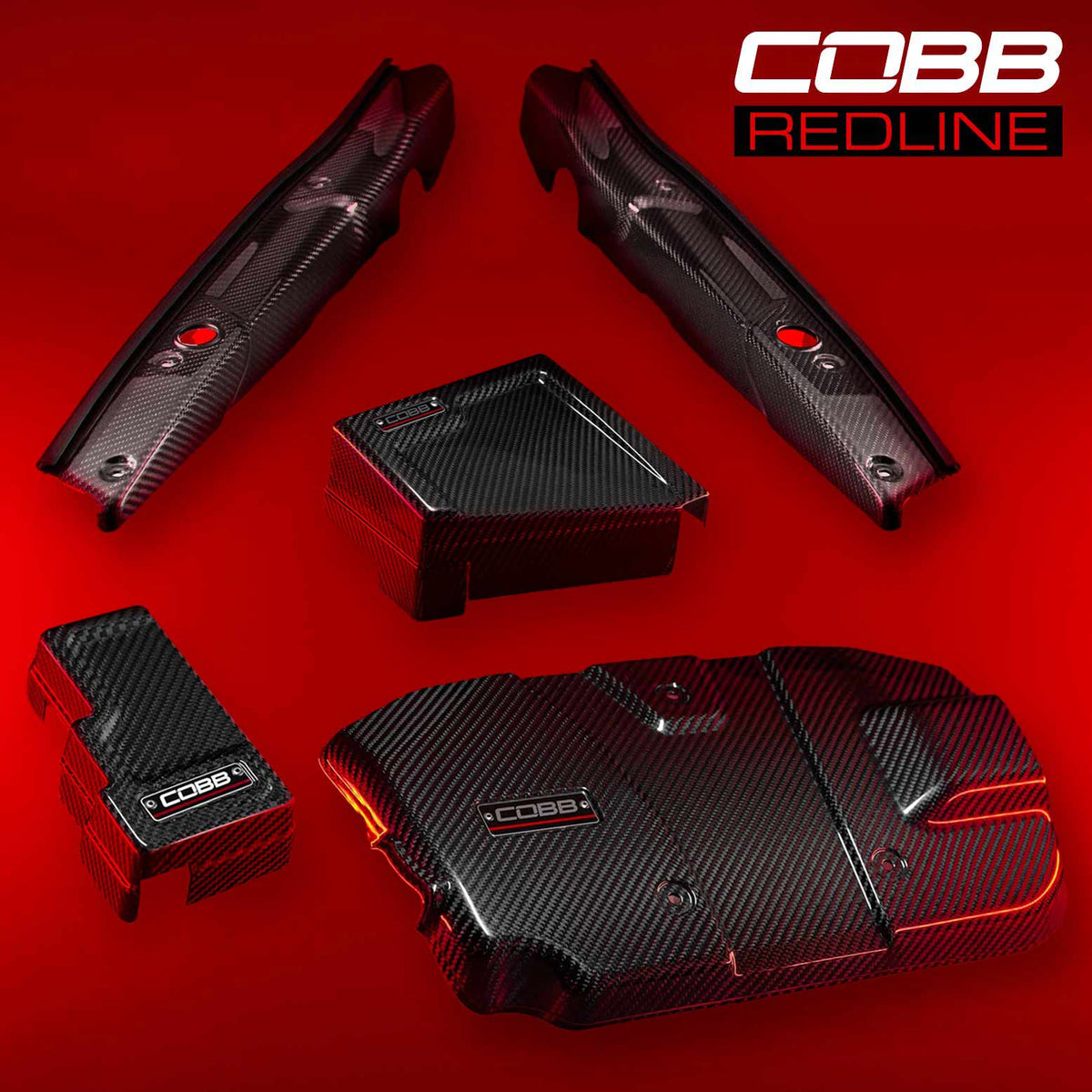 COBB Redline dress-up kit – Subaru WRX VB – gloss shrouds, engine cover and fuse covers on red