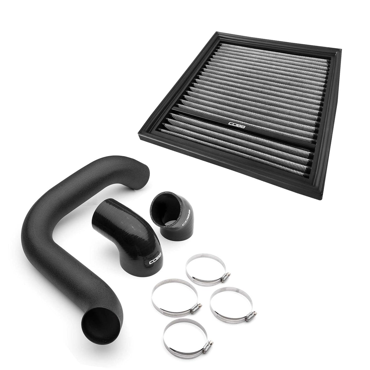COBB intake tube and high flow filter package – Subaru Outback XT – tube, couplers, clamps and filter laid out
