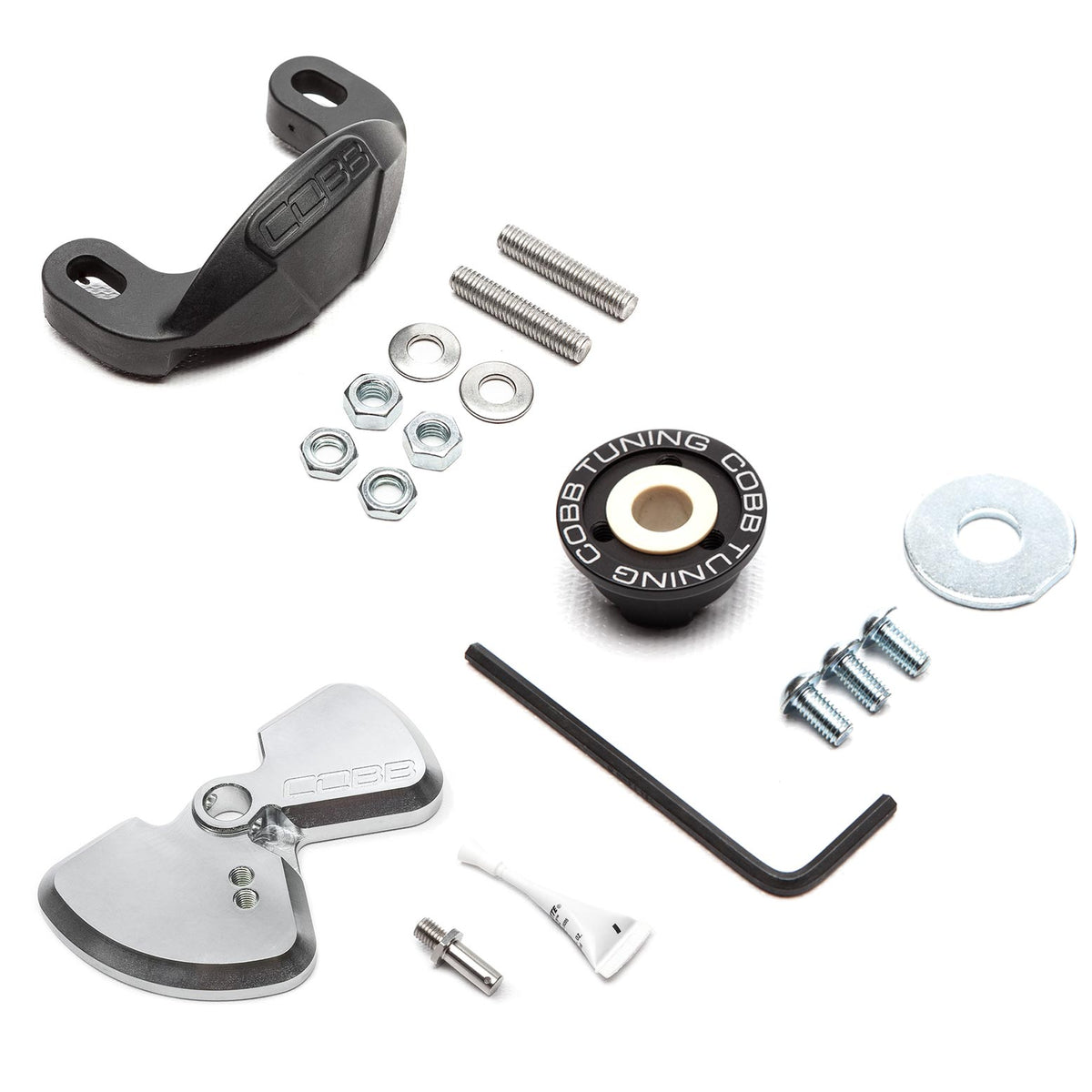 COBB Stage 1 Drivetrain Package – Subaru WRX VA and VB – shift plate, bushing, stop and hardware laid out