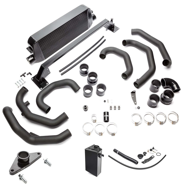 COBB front mount intercooler kit – Subaru WRX STI VA – black core, piping, BPV adapter and tank laid out - Cobb Tuning