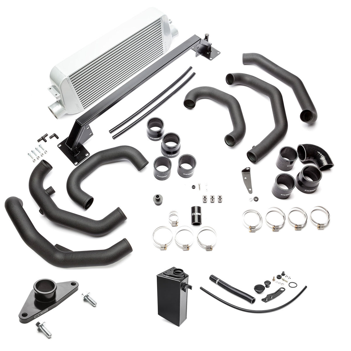 COBB front mount intercooler kit – Subaru WRX STI VA – silver core, piping, BPV adapter and tank laid out