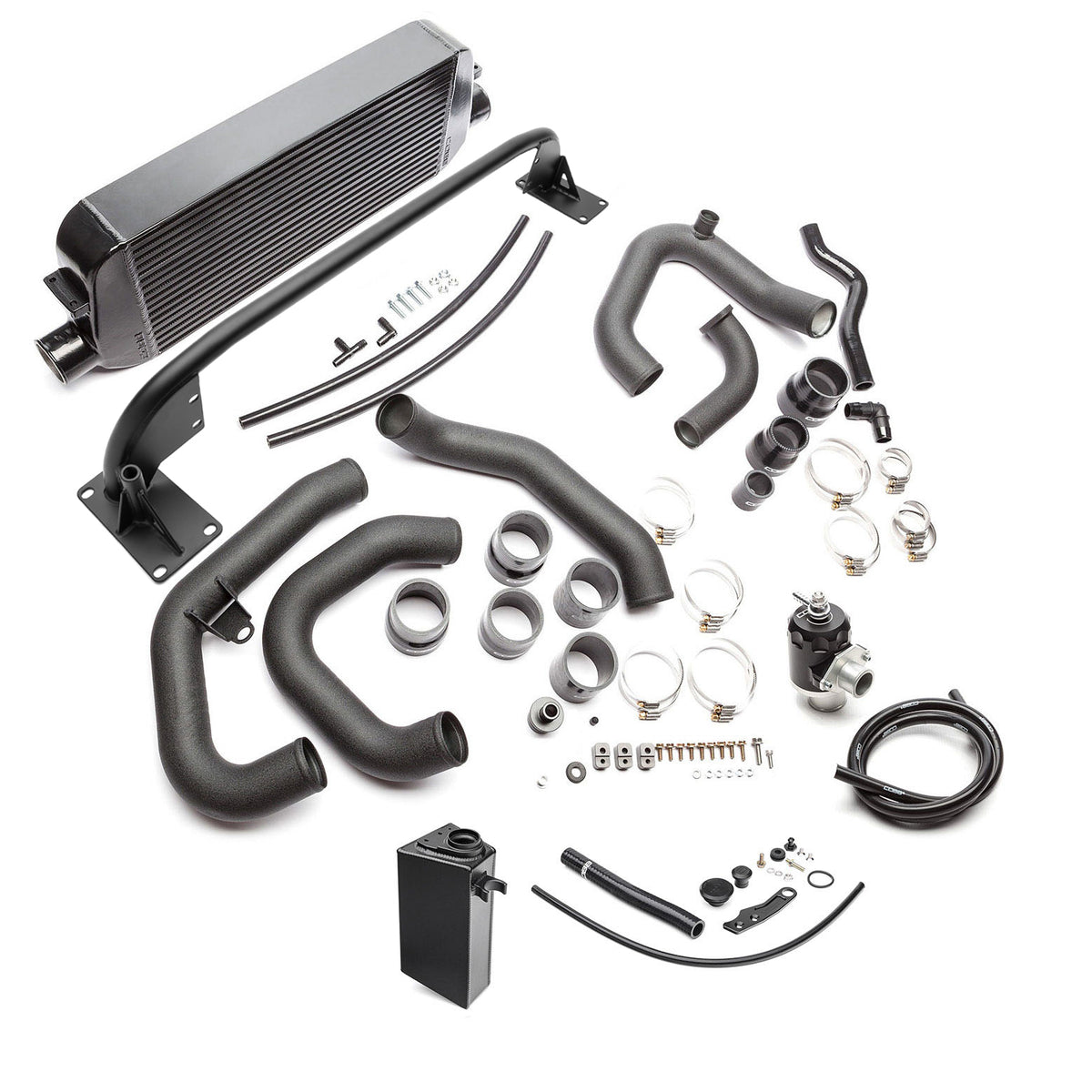COBB front mount intercooler kit – Subaru WRX VA – black core, piping, BPV and overflow tank laid out