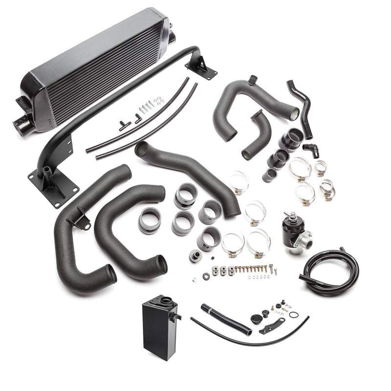 COBB front mount intercooler kit – Subaru WRX VA – black core, piping, BPV and overflow tank laid out - Cobb Tuning
