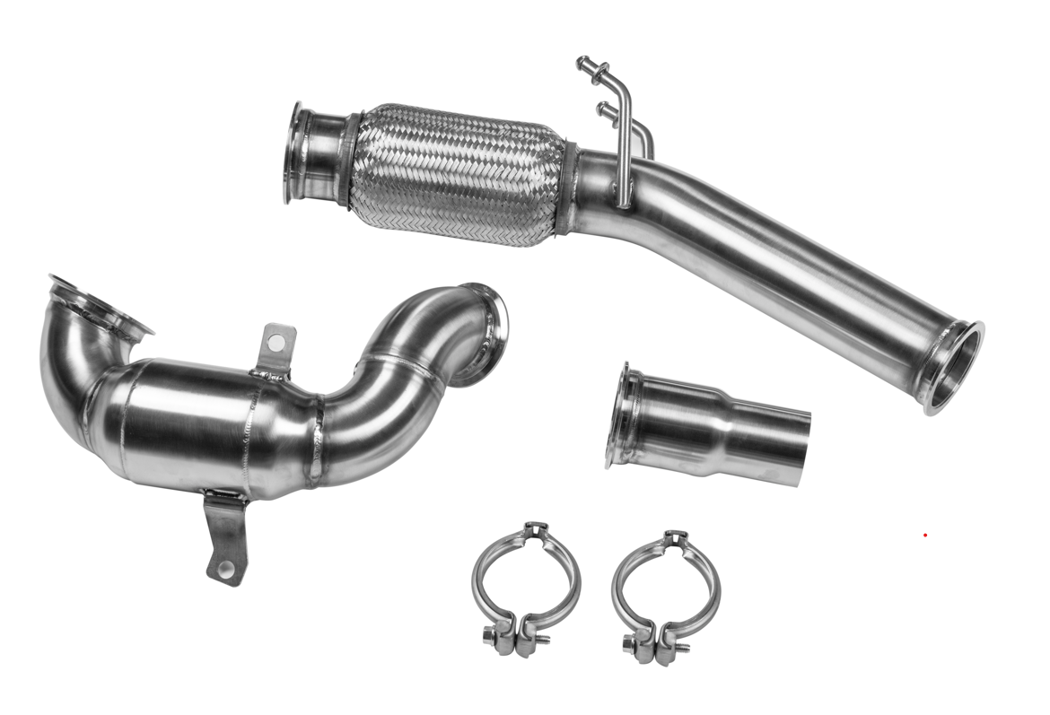 LEYO 200 cell catted downpipe – Golf GTI Mk7 – downpipe with cat, flex pipe, adapter and two V-band clamps