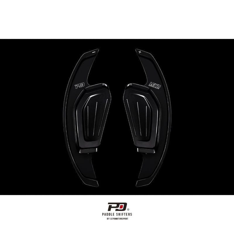 LEYO DSG billet paddle extension V2 – Skoda – black pair, front view - LEYO