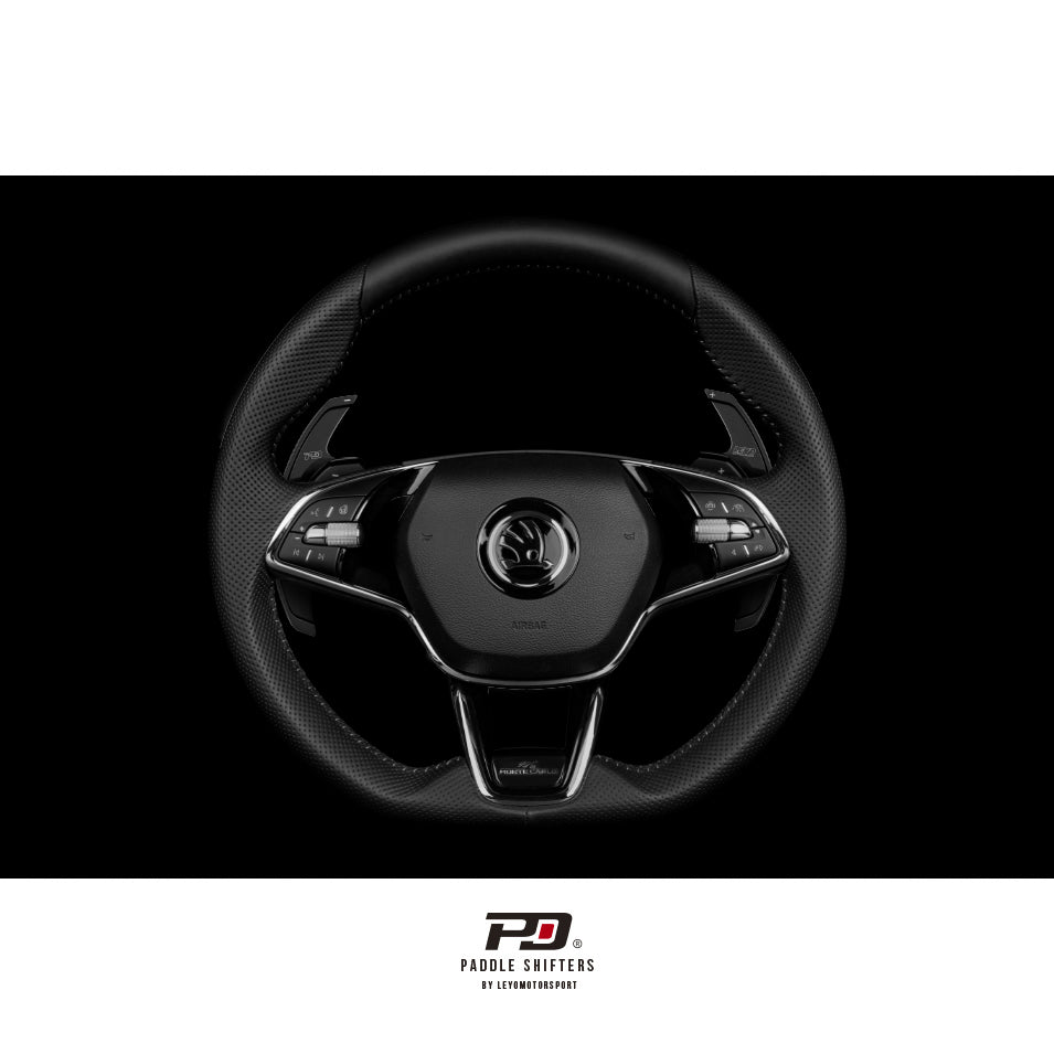 LEYO DSG billet paddle extension V2 – fitted to Skoda steering wheel, studio view