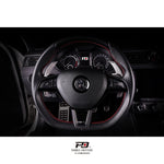 LEYO DSG billet paddle extension V1 – silver pair fitted to Skoda wheel, front view - LEYO Thumbnail