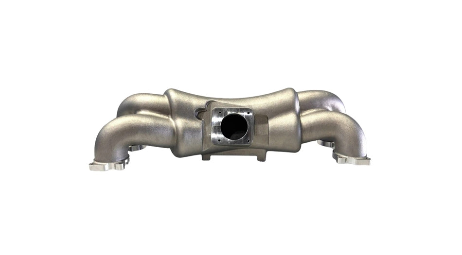 Torque Solution high volume intake manifold in raw cast aluminium – front view with throttle body flange