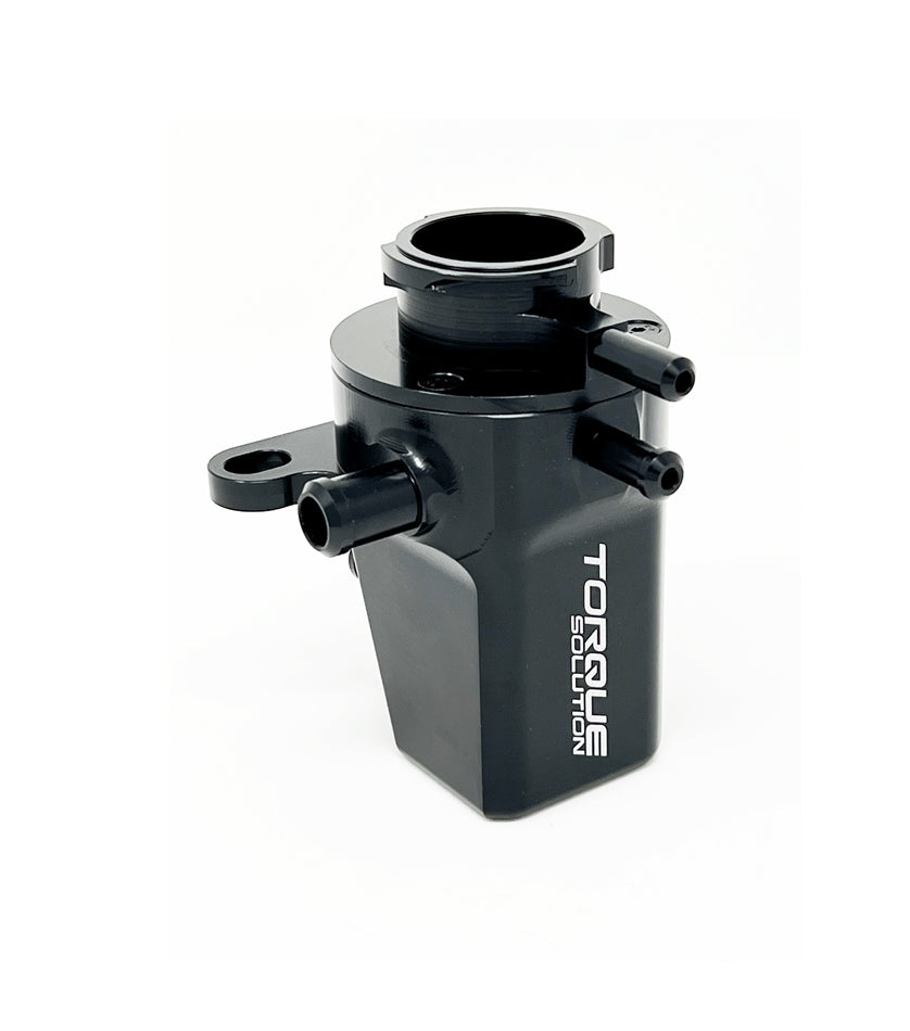 Torque Solution black anodised billet coolant expansion tank with hose barbs and mounting tab