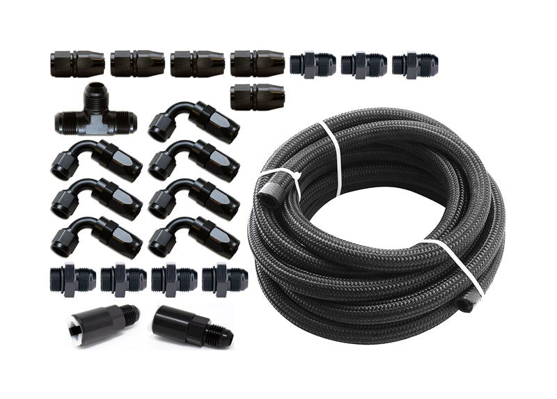 Torque Solution braided fuel line kit – black -6 AN hose ends, adapters and coil of nylon braided hose - Torque Solution