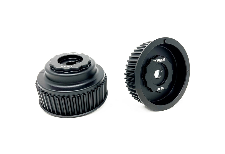 Torque Solution HD exhaust cam gear set – black billet RH-EX and LH-EX gears, angled view