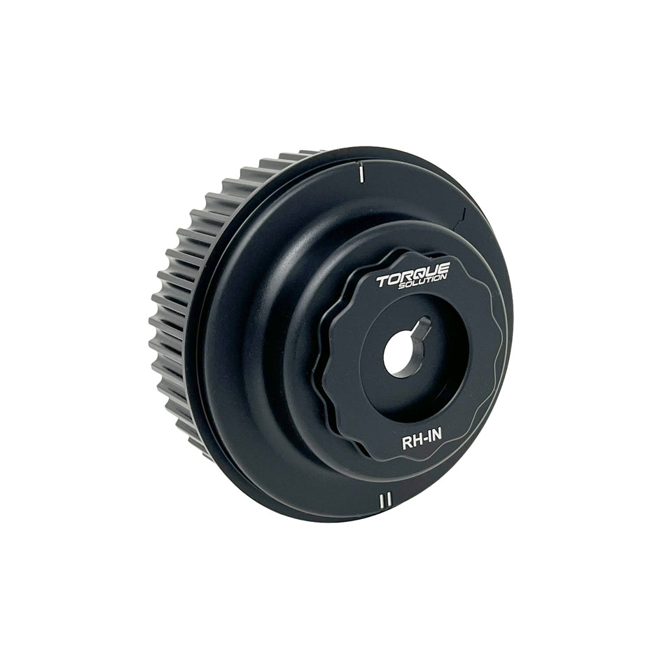 Torque Solution HD billet intake cam gear in black anodised finish, marked RH-IN