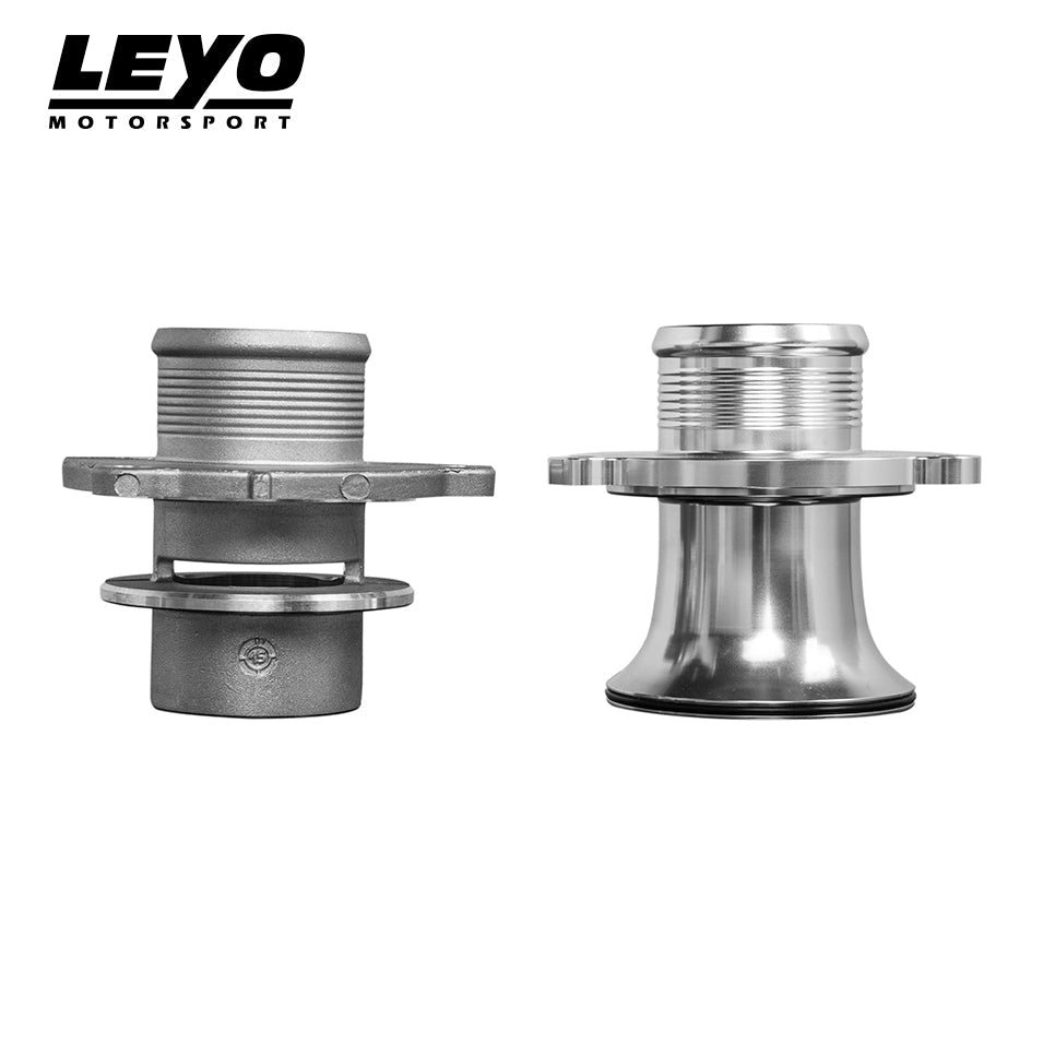 LEYO turbo muffler delete – silver factory part next to LEYO part, side view
