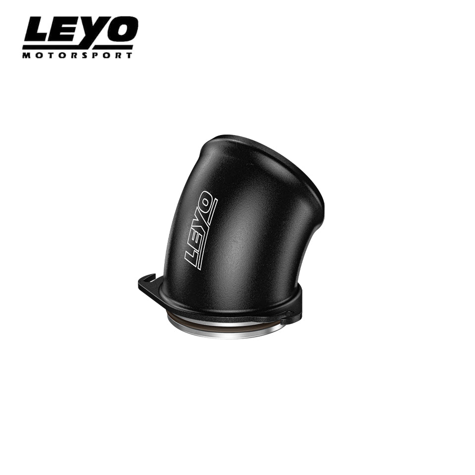 LEYO turbo inlet pipe – Golf R Mk8 / S3 8Y – black pipe with laser-etched logo, side view