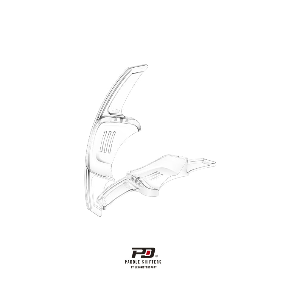 LEYO clear paddle shift extensions – Golf Mk8 – clear pair angled view