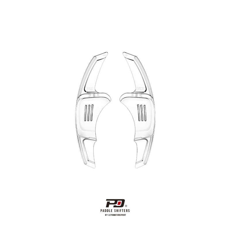 LEYO clear paddle shift extensions – Golf Mk8 – clear pair front view - LEYO