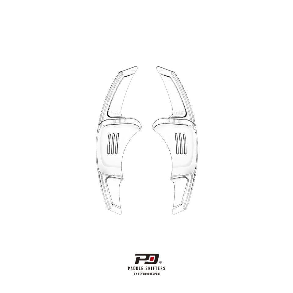 LEYO clear paddle shift extensions – Golf Mk8 – clear pair front view