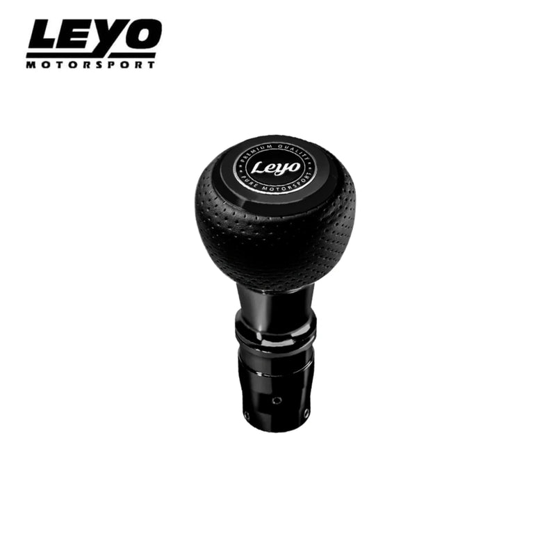 LEYO black Nappa manual shift knob – front view with LEYO emblem - LEYO