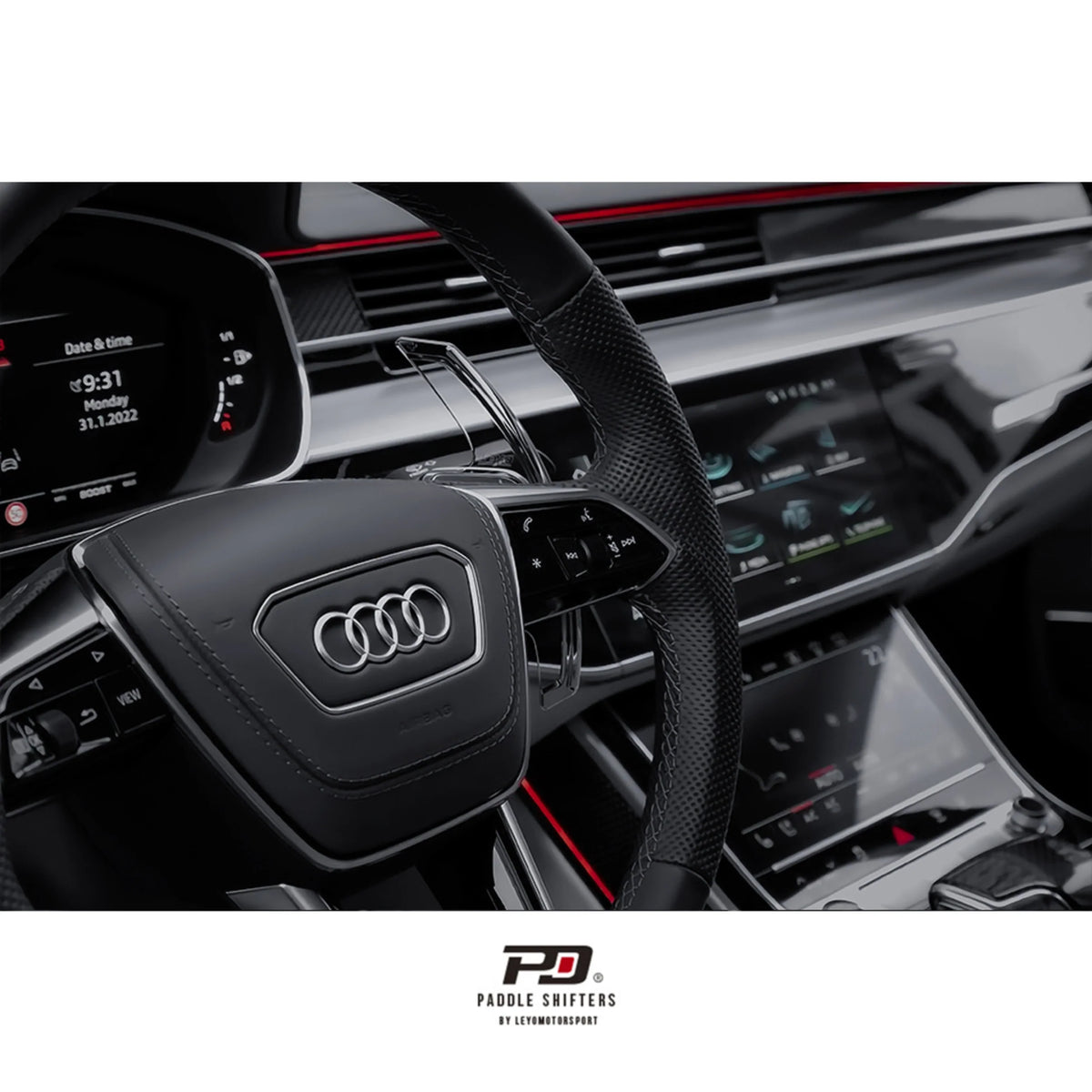 LEYO clear S tronic paddle extension V5 – fitted behind a late-model Audi wheel