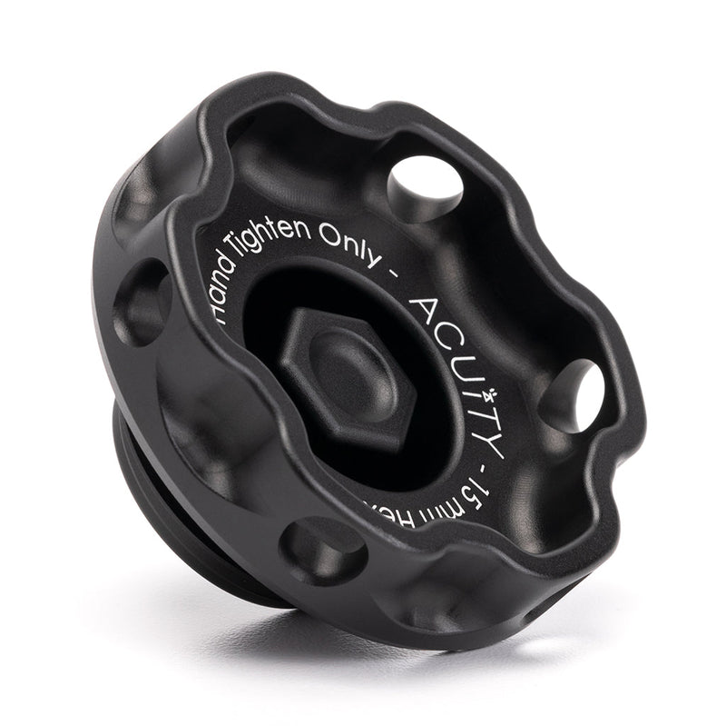 ACUITY Podium oil cap, Honda engines, satin black – angled top view of the scalloped grip and hex - Acuity