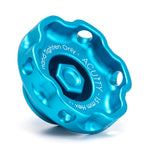 ACUITY Podium oil cap, Honda engines, satin teal – angled top view of the scalloped grip and hex - Acuity Thumbnail