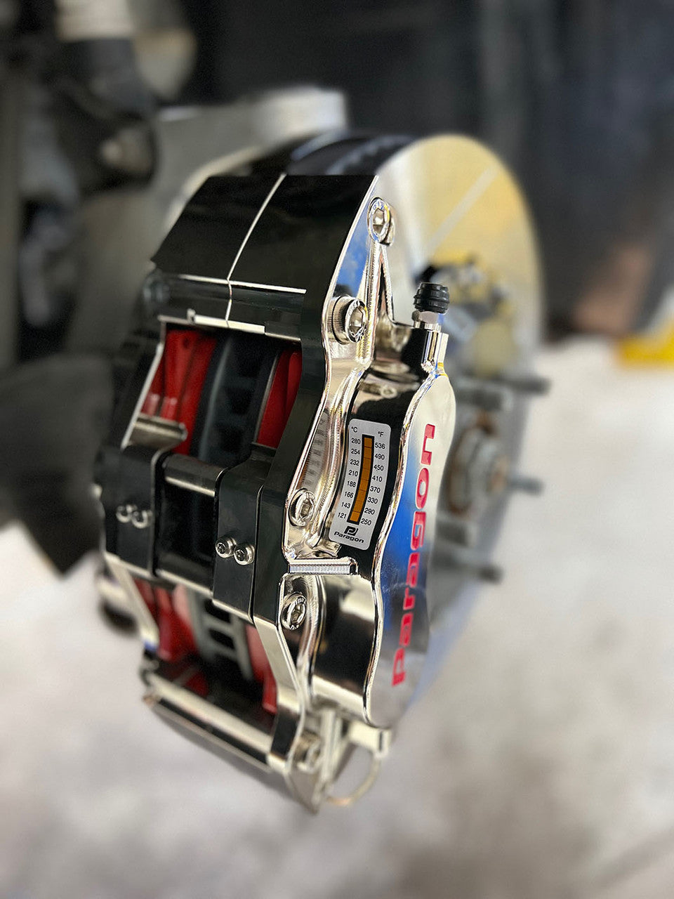 Paragon temperature strip fitted to a brake caliper