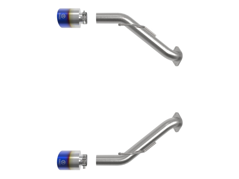 aFe Takeda Nissan Z axle-back pipes and blue flame tips laid out separately