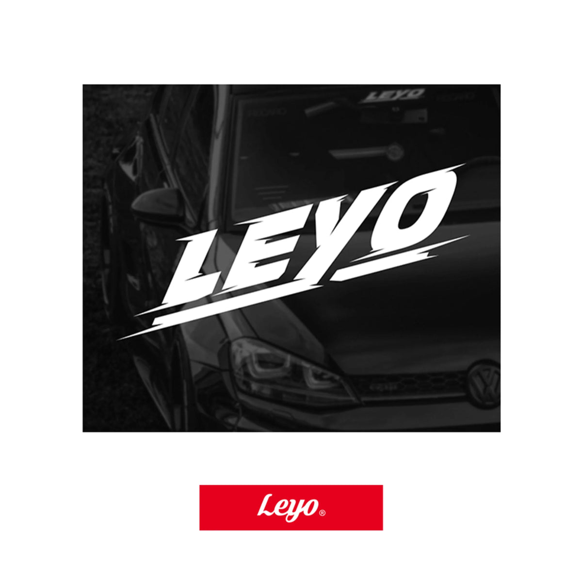 LEYO lightning bolt vinyl sticker – white logo decal shown over a VW Golf windscreen