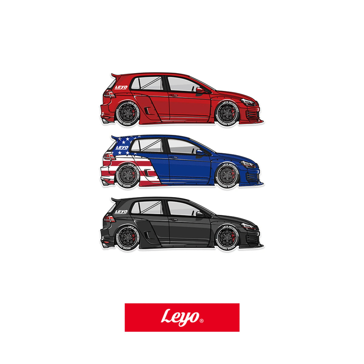 LEYO Golf GTI Mk7 sticker pack – red, stars-and-stripes and black car decals
