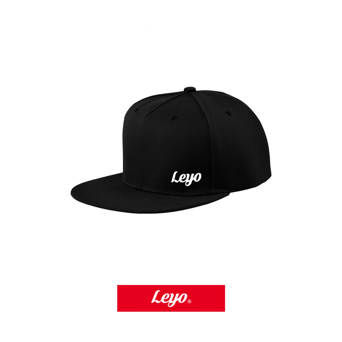 LEYO snapback cap – black, front view with script logo