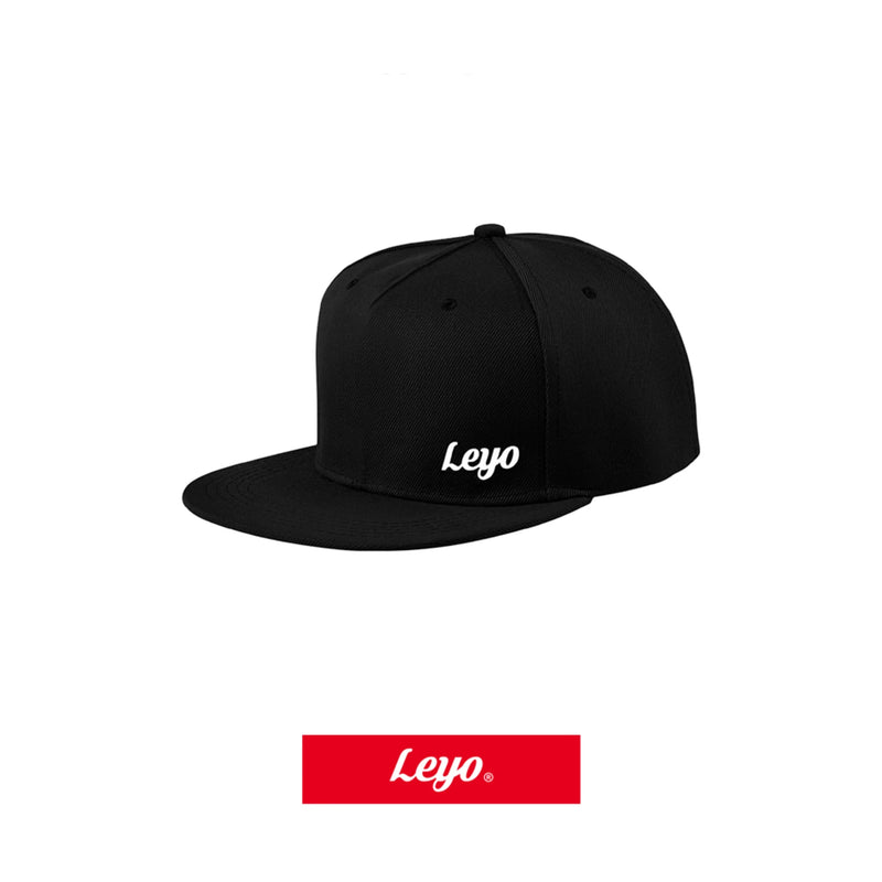 LEYO snapback cap – black, front view with script logo - LEYO
