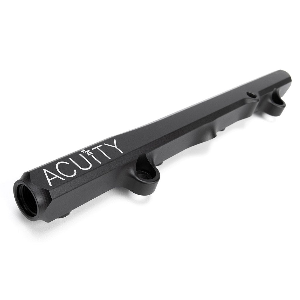 ACUITY K-series fuel rail, Honda K-series, satin black – ACUITY logo end, angled view