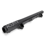ACUITY K-series fuel rail, Honda K-series, satin black – ACUITY logo end, angled view - Acuity Thumbnail