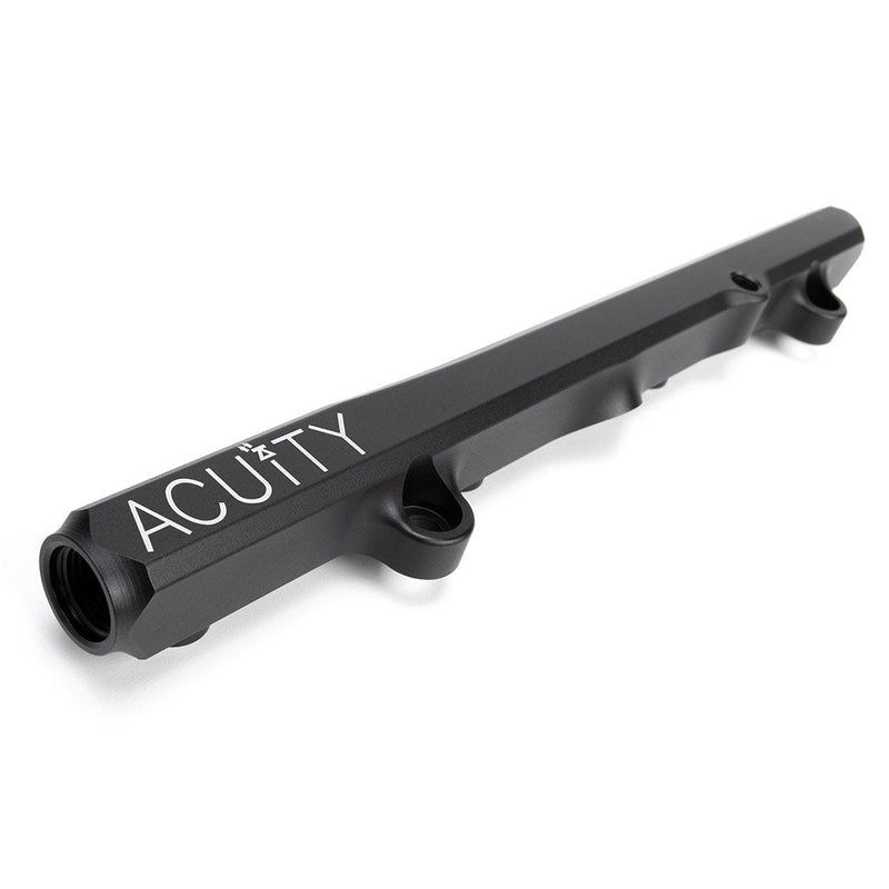 ACUITY K-series fuel rail, Honda K-series, satin black – ACUITY logo end, angled view - Acuity