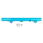 ACUITY K-series fuel rail, Honda K-series, satin teal – side view with mounting screws and NPT plug - Acuity Thumbnail
