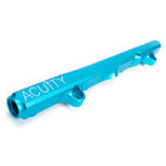 ACUITY K-series fuel rail, Honda K-series, satin teal – ACUITY logo end, angled view - Acuity Thumbnail
