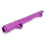 ACUITY K-series fuel rail, Honda K-series, satin purple – ACUITY logo end, angled view - Acuity Thumbnail