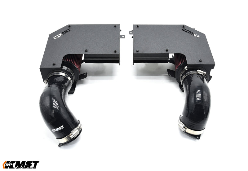 MST Mercedes-AMG C43 V2 twin cold air intake: two black heat shield boxes with silicone inlet pipes - MST Performance